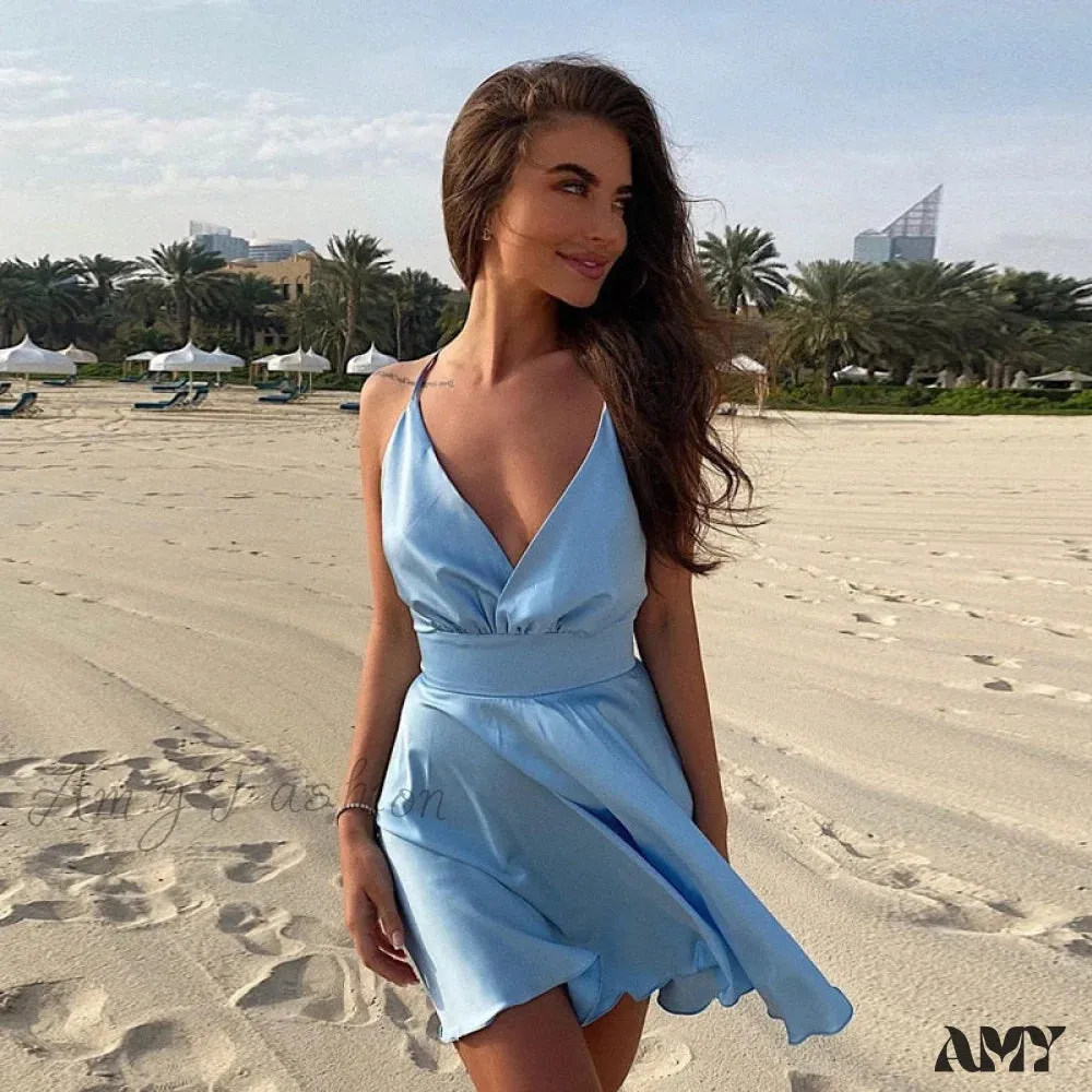 Amy Fashion - Satin Sexy Backless Party Night Club Wrap Mini Dress
