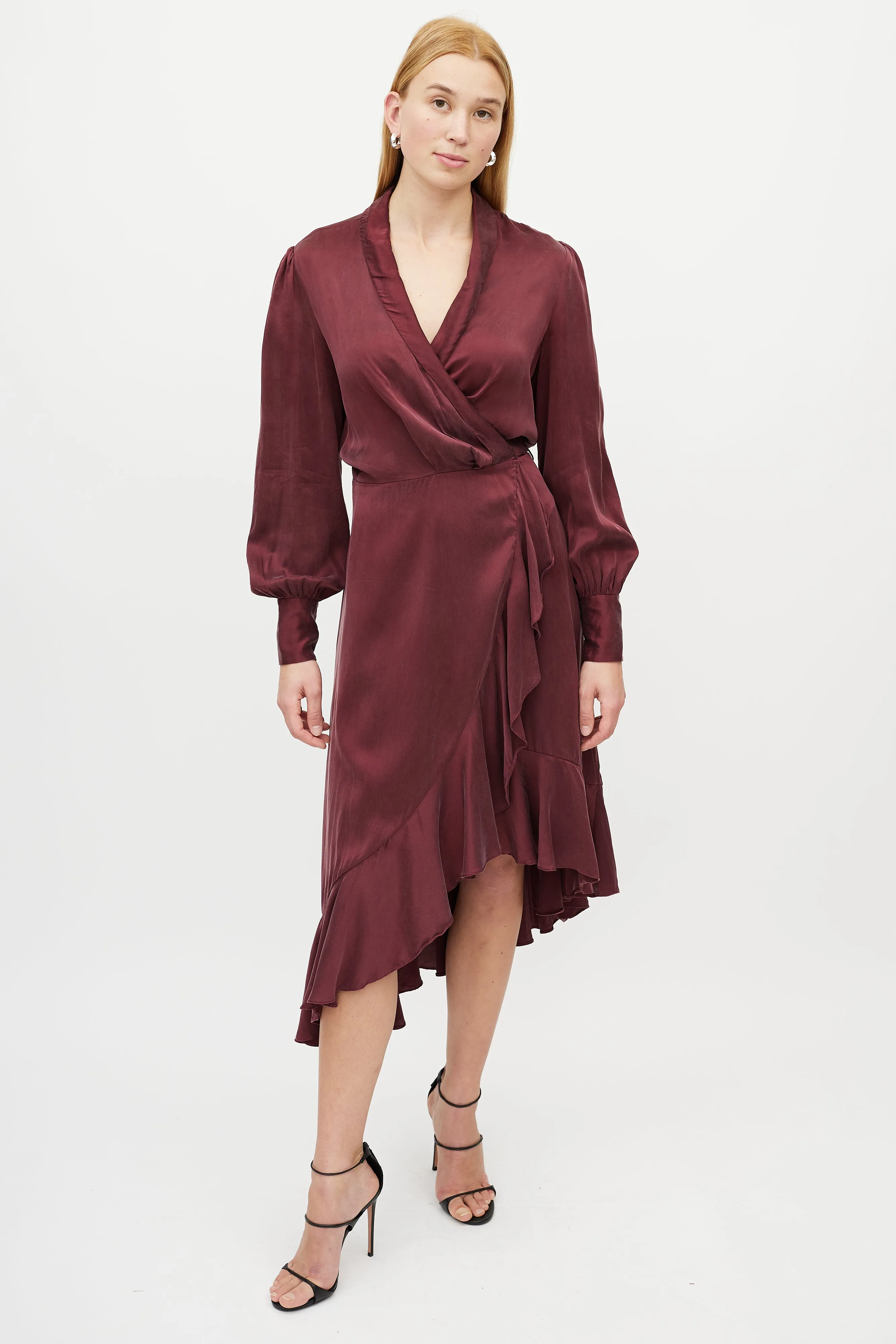 Burgundy Silk Ruffled Wrap Dress