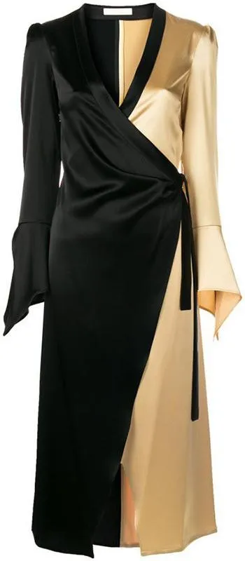 Color-Contrast Satin Wrap Dress