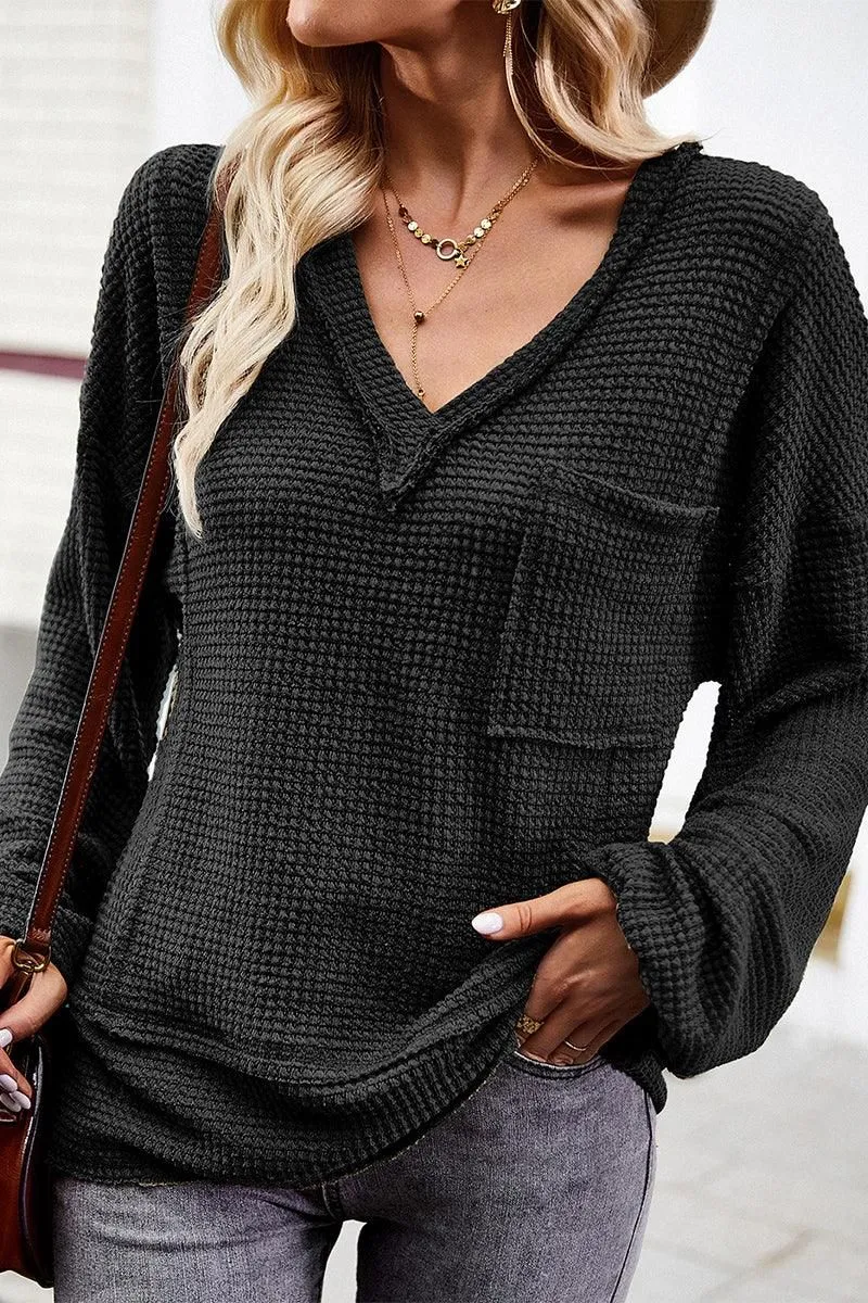 DEEP V NECK ONE POCKET LONG SLEEVE KNIT