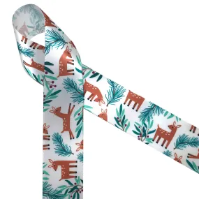Deer with greens pine branches and berries printed on 1.5" white single face satin ribbon