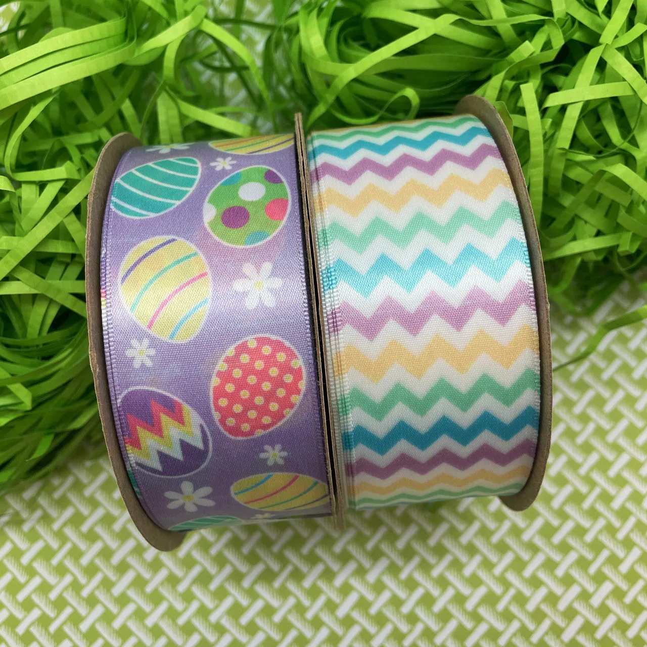 Easter ribbon Easter eggs in pastel colors printed on 1.5" white satin