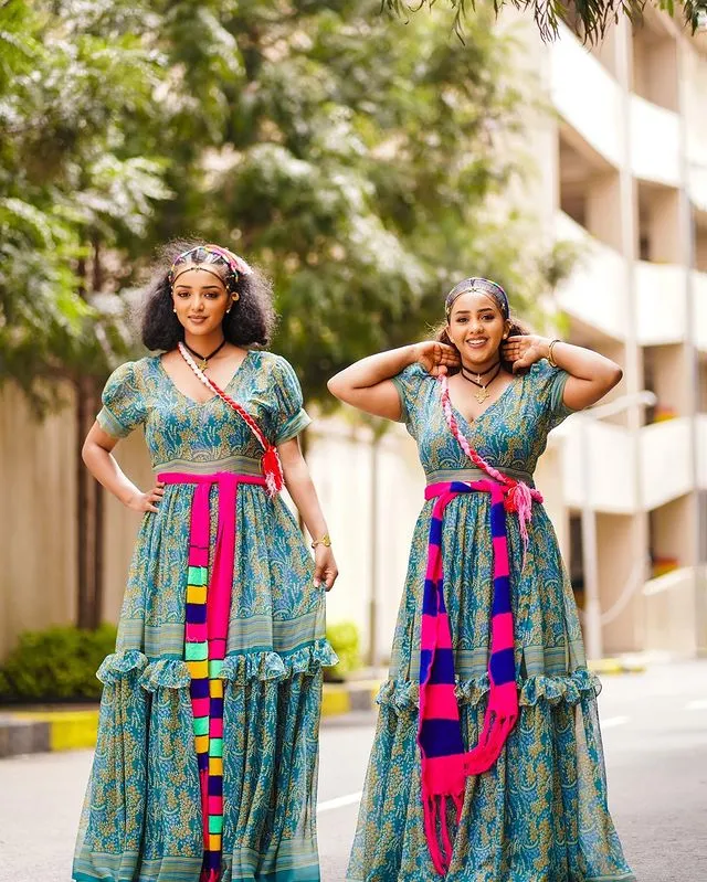 Elegant Blue Beautiful Habesha Chiffon Dress Flowing Chiffon Dress