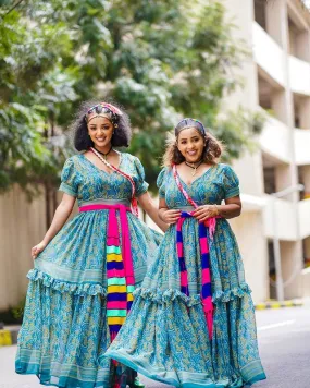 Elegant Blue Beautiful Habesha Chiffon Dress Flowing Chiffon Dress