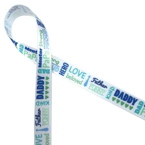 Father's Day Ribbon word block in blue and green printed on 5/8" white satin