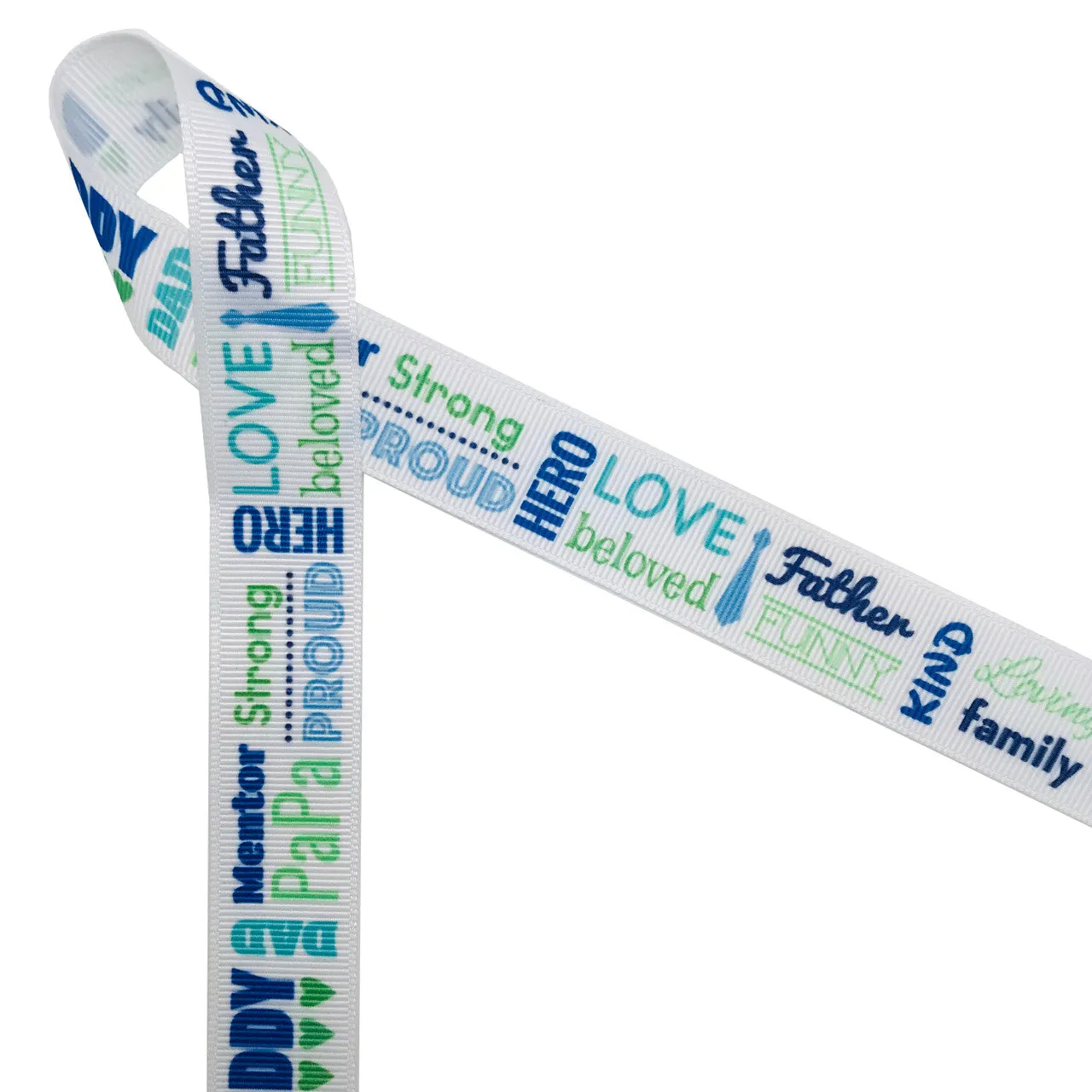 Father's Day Ribbon word block in blue and green printed on 7/8" white grosgrain