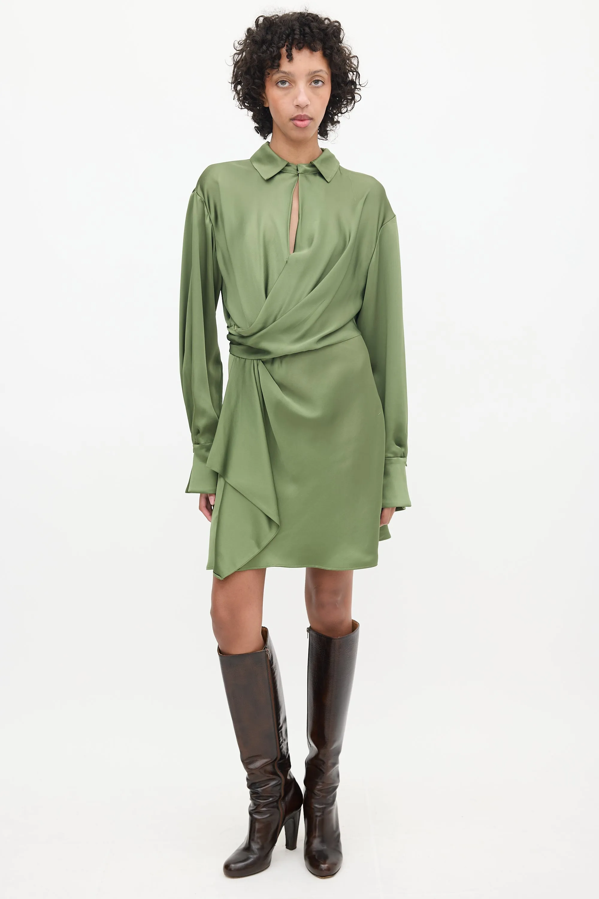 Green Satin Wrap Dress