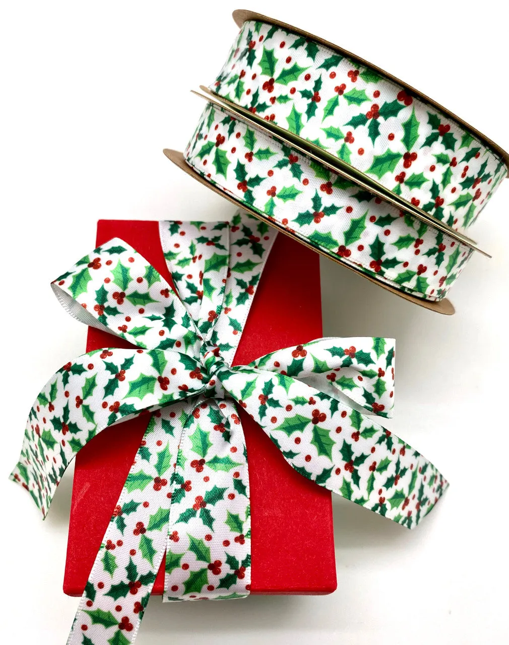 Holly and berries Ribbon in green with red berries on 7/8" White single face satin