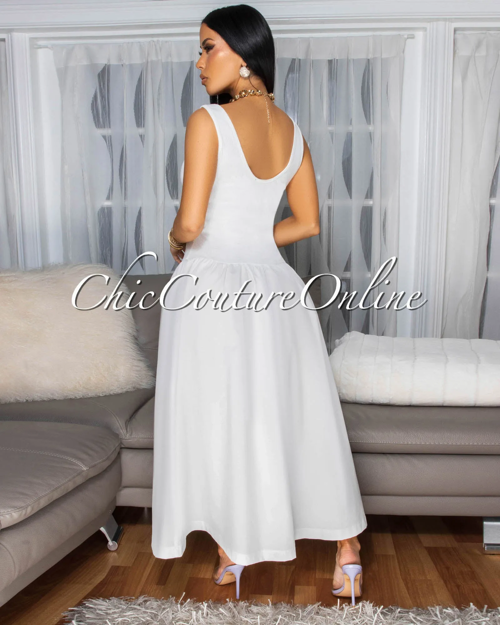 Marcarie Off-White Sleeveless Midi Dress