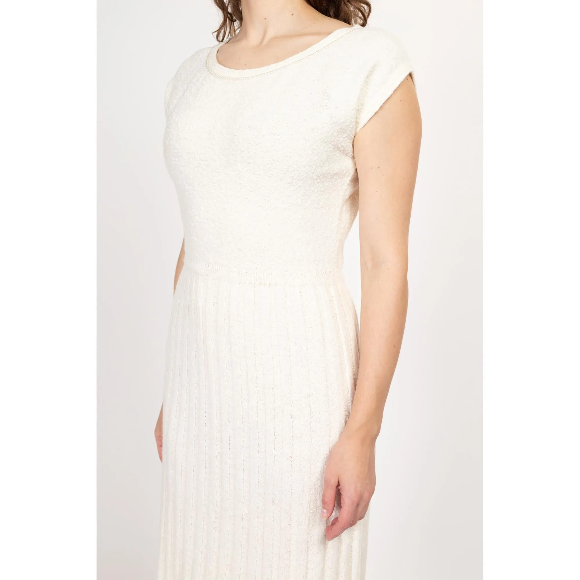 Medium 1950s White Boucle Knit Midi Dress & Cardigan Set