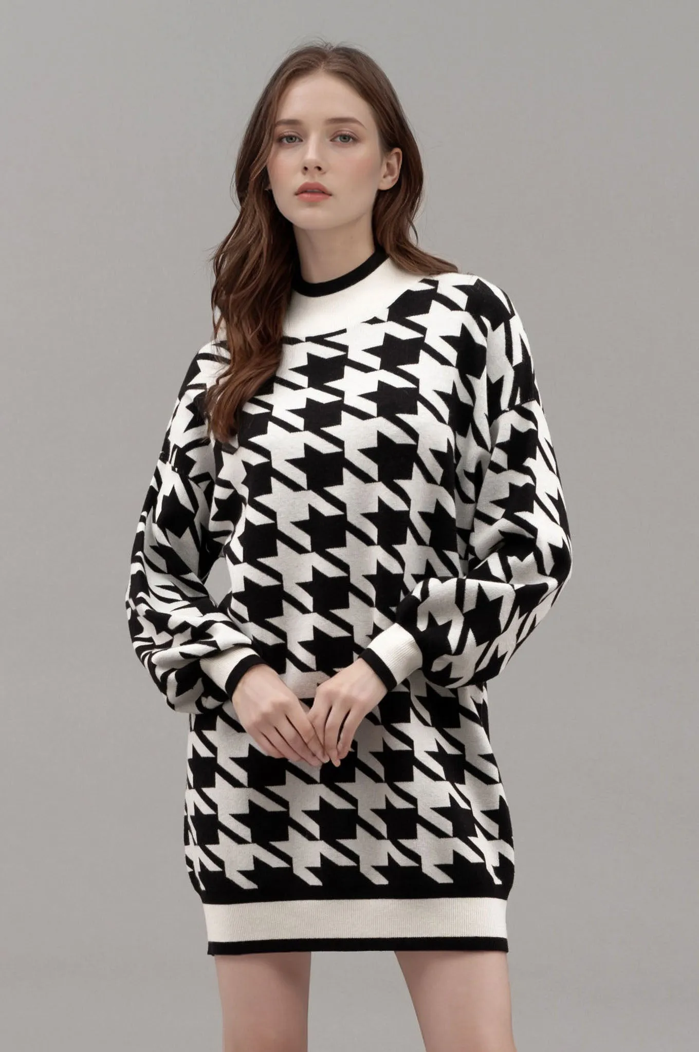 MOCK NECK HOUNDSTOOTH SWEATER DRESS