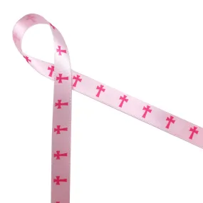 Pink Crosses  ribbon printed on 5/8" light pink single face satin