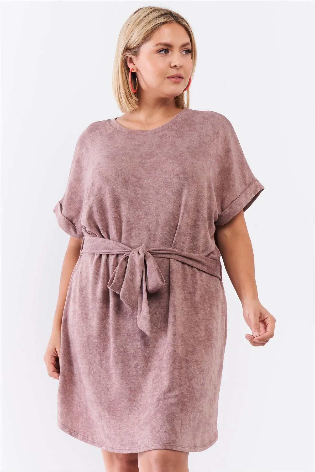 Plus Size  Acid Wash Print Self-tie Waist Mini Shirt Dress