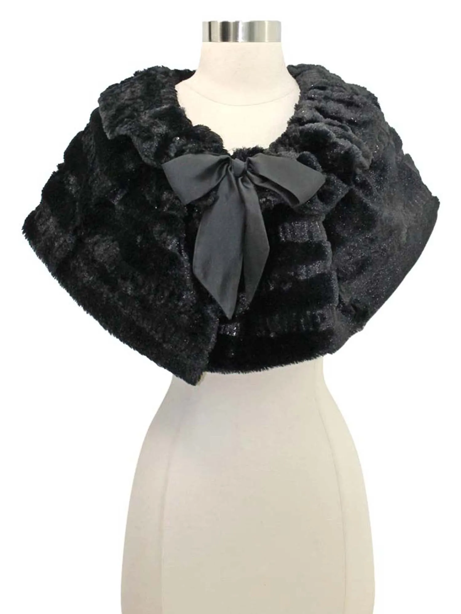 Plush Faux Fur Sequin Caplet With Satin Bow