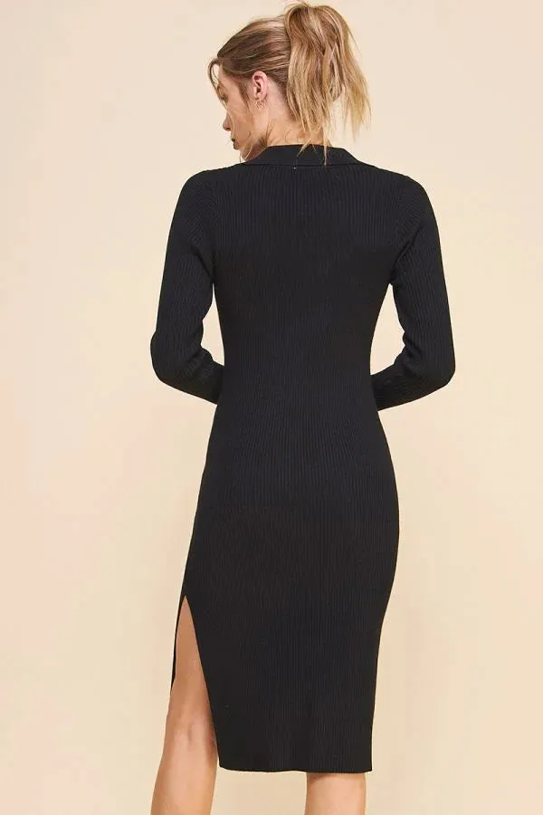 RIBBED V-NECK COLLARED SWEATER DRESS