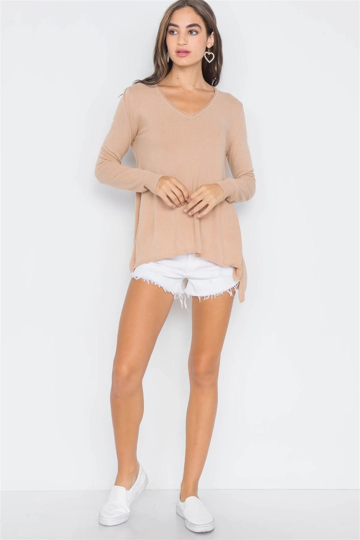 Sand Taupe Knit V-Neck Casual Solid Long Sleeve Sweater