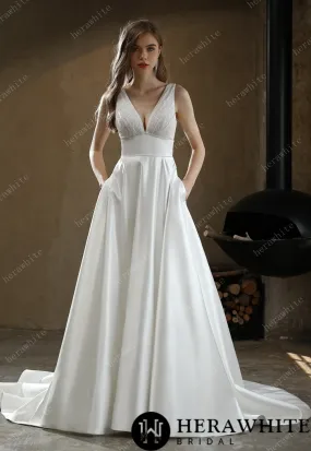 Timeless Satin V-Neck Bridal Gown with Chapel Train