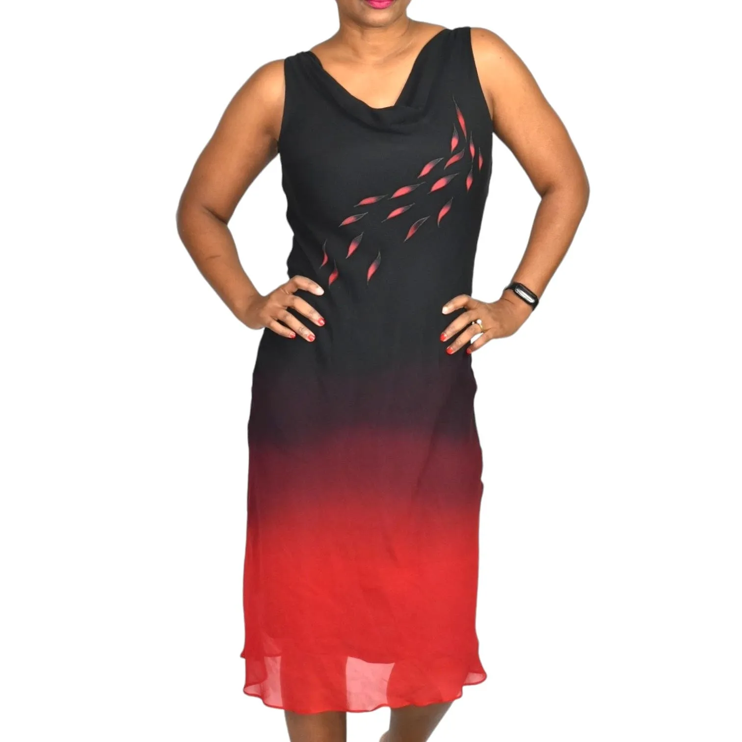 Vintage Silk Slip Dress Red Black Print Midi Bias Cut Cowl Neck Gradient Ombre Tank Y2K Size XL