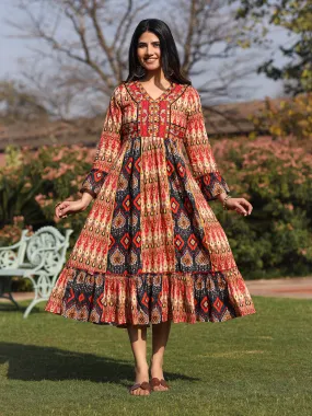 Women Rust Cotton Printed Dress